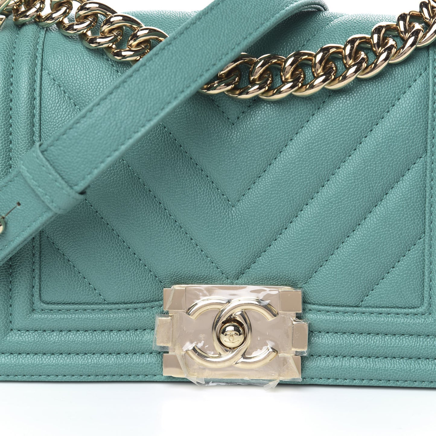 Caviar Chevron Quilted Small Boy Flap Green