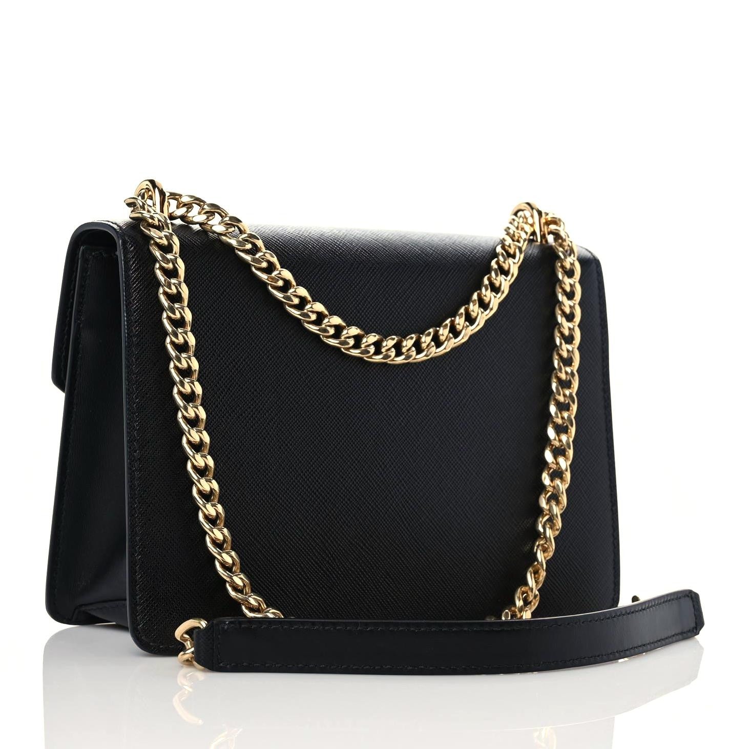 Prada Saffiano Soft Calfskin Metal Triangle Logo Envelope Chain Shoulder Bag Black 3 of 10