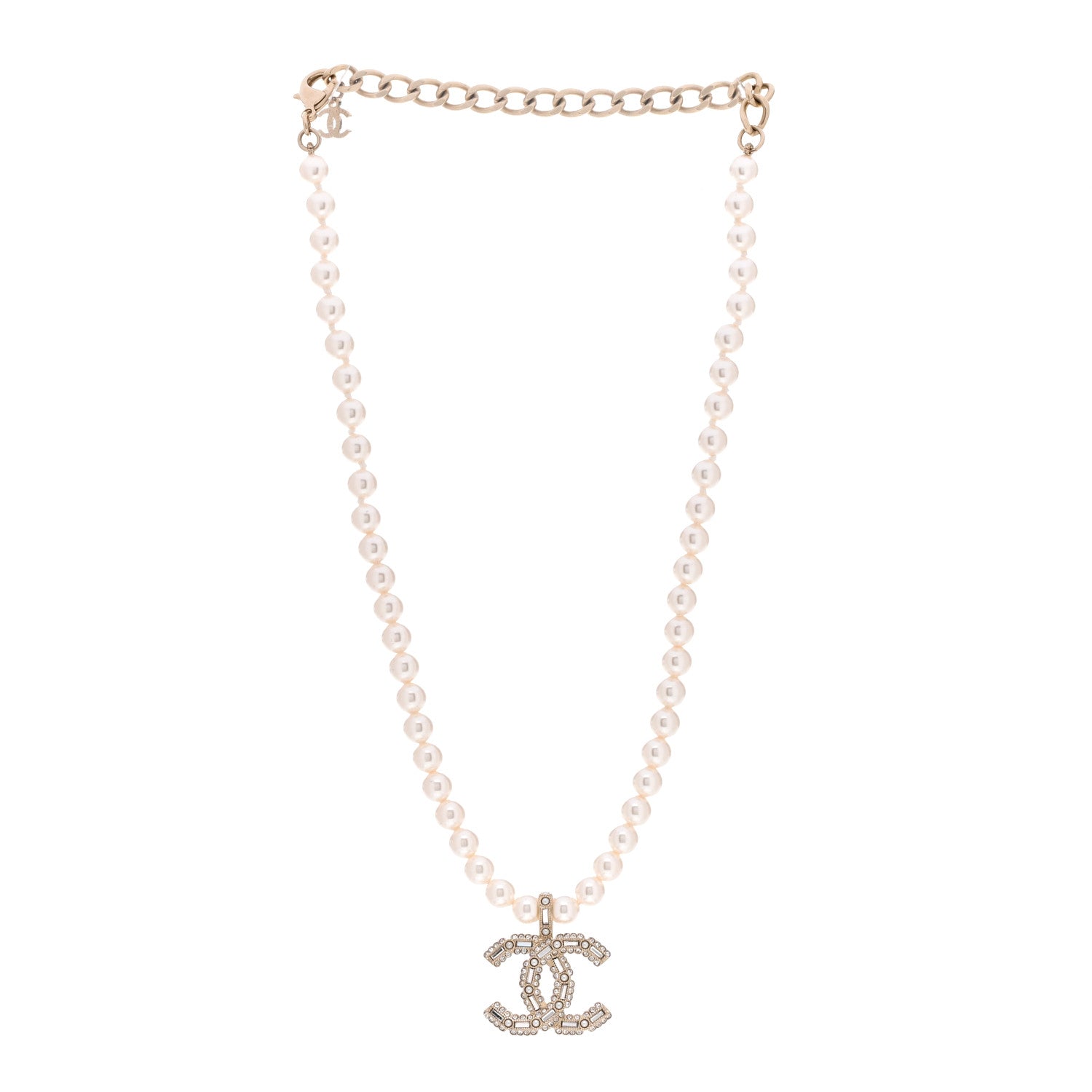 Chanel Pearl Crystal Baguette CC Short Necklace Gold 3 of 4