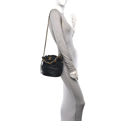 Chanel Shiny Lambskin Quilted Small Chain Is More Drawstring Bag Black 2 of 10