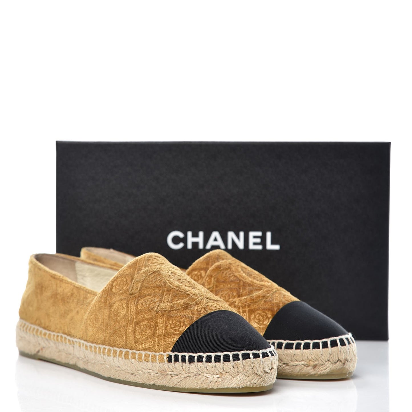 Velvet Grosgrain Quilted Camellia CC Espadrilles 41 Gold Black