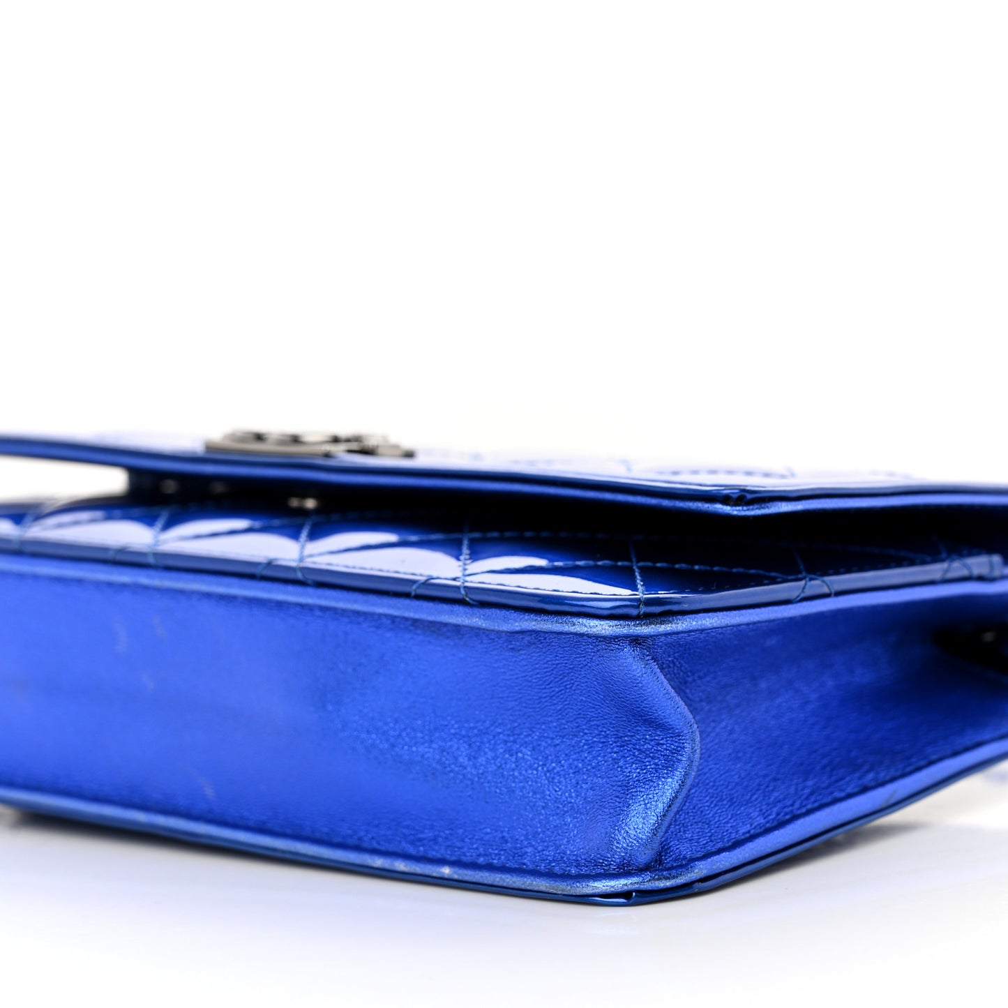 Metallic Patent Calfskin Quilted Boy Wallet on Chain WOC Blue