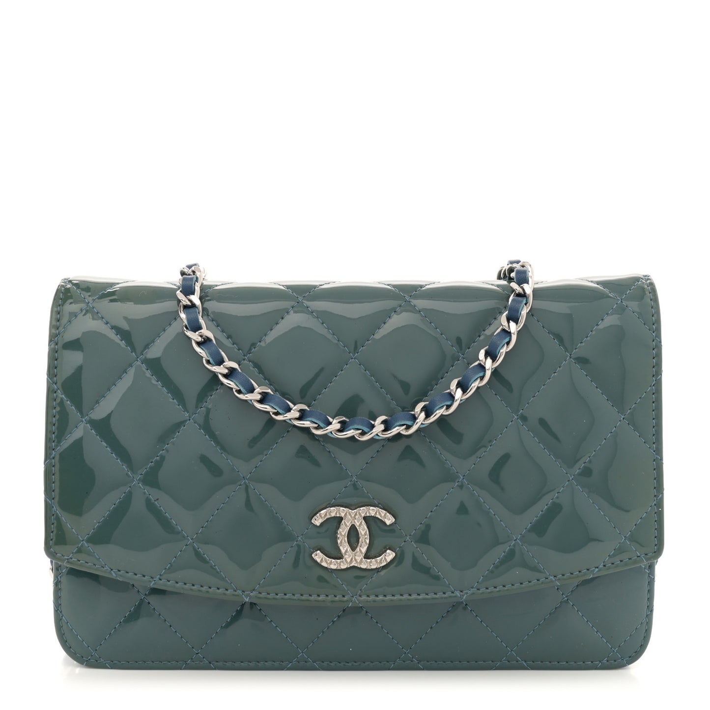Patent Quilted Brilliant Wallet On Chain WOC Blue