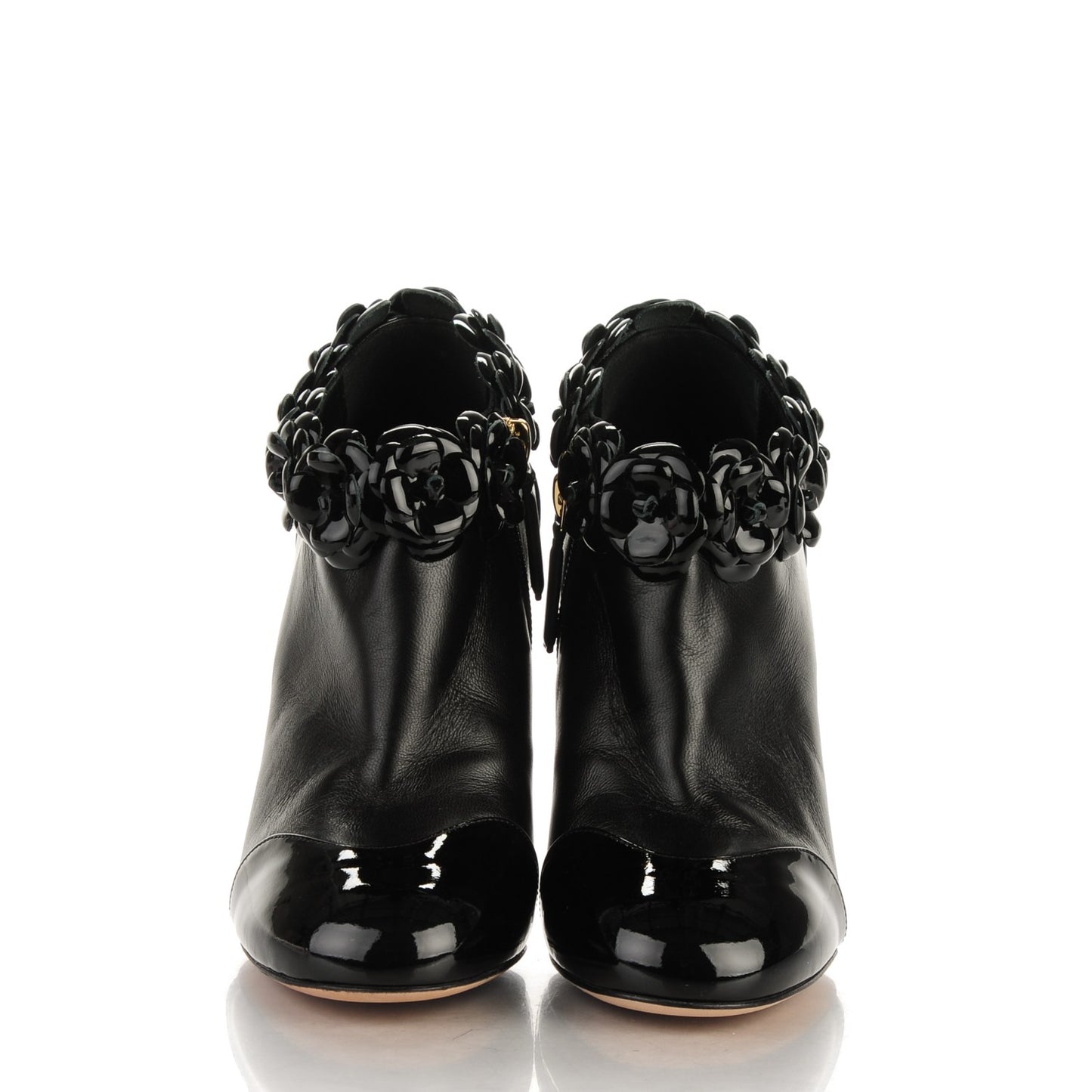 Lambskin Patent Calfskin Cap Toe Camellia Short Boots 35 Black