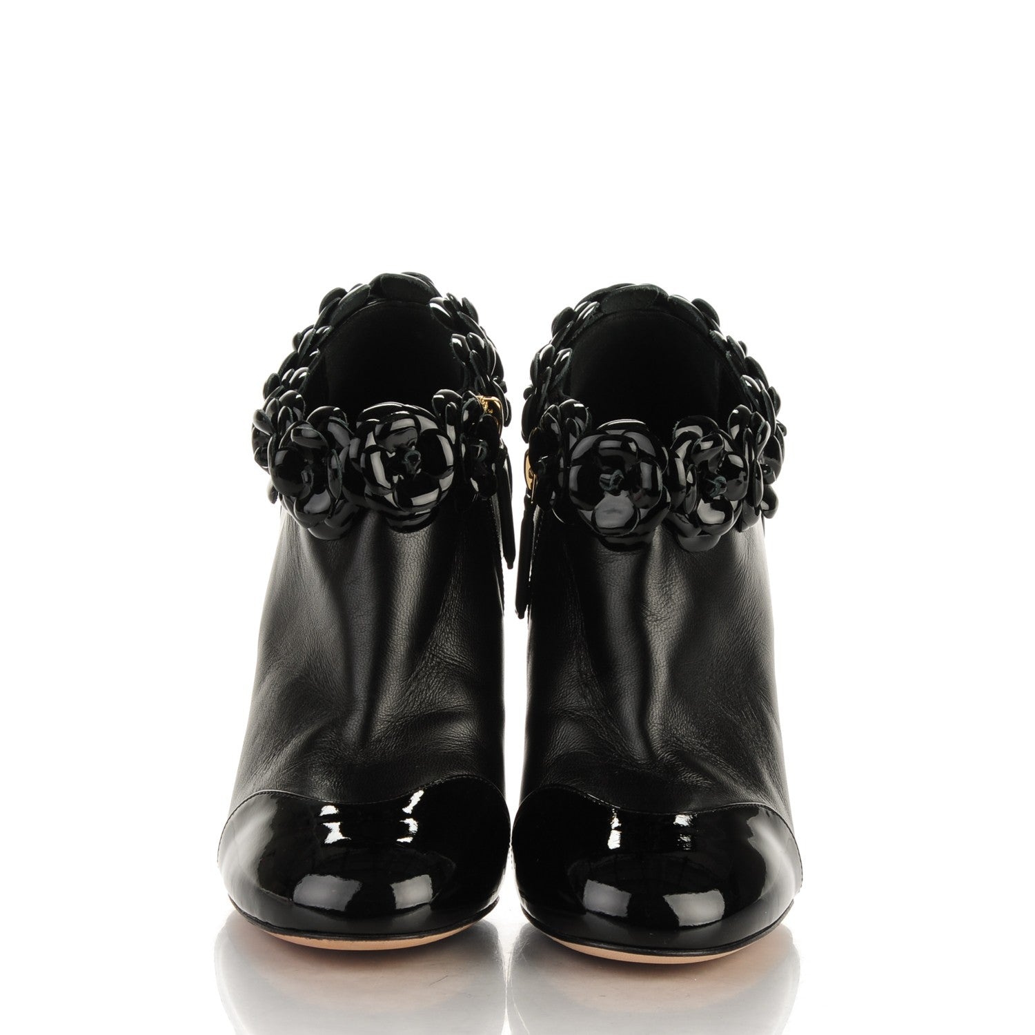 Chanel Lambskin Patent Calfskin Cap Toe Camellia Short Boots 35 Black 2 of 7
