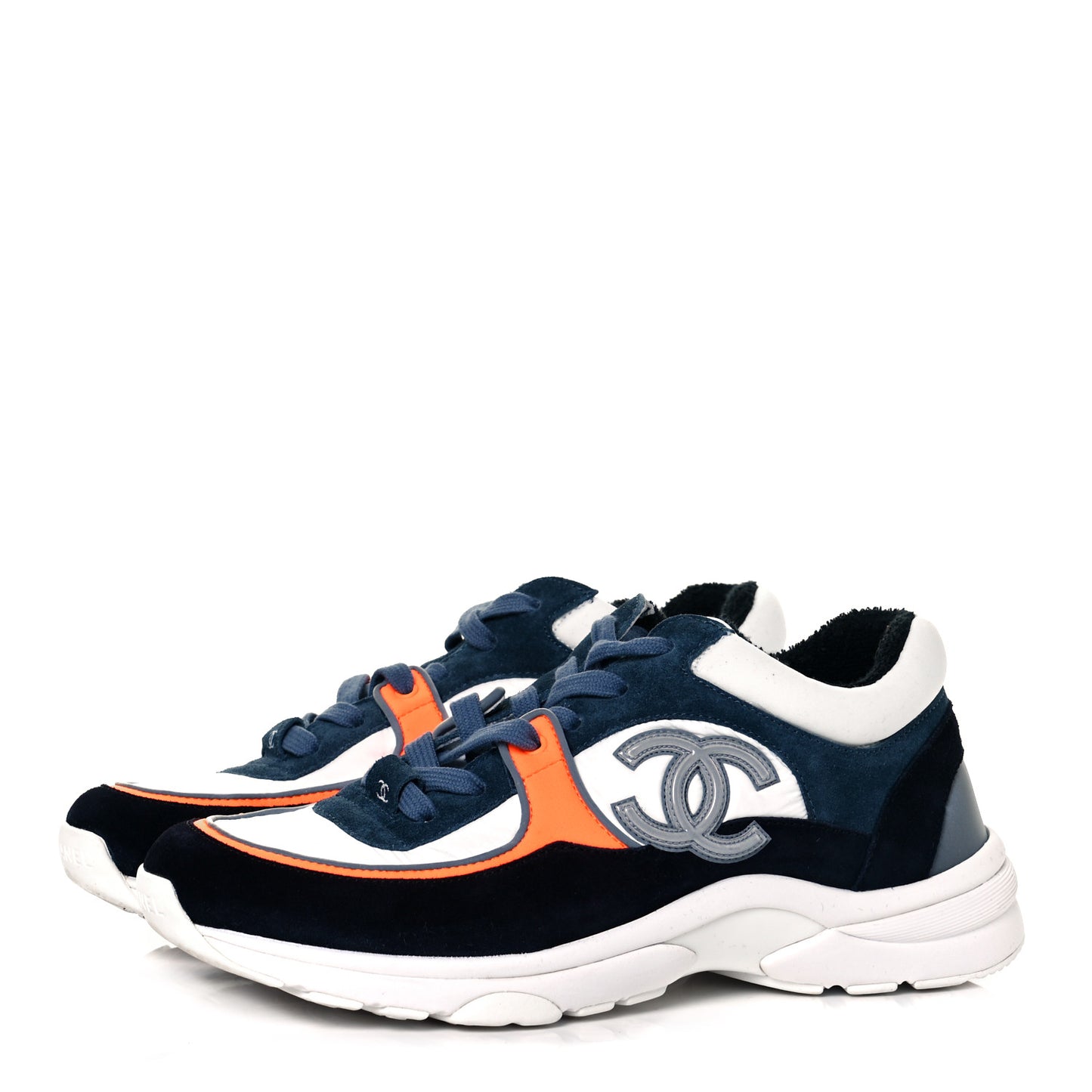 Nylon Calfskin Suede CC Womens Sneakers 38 Navy White Orange