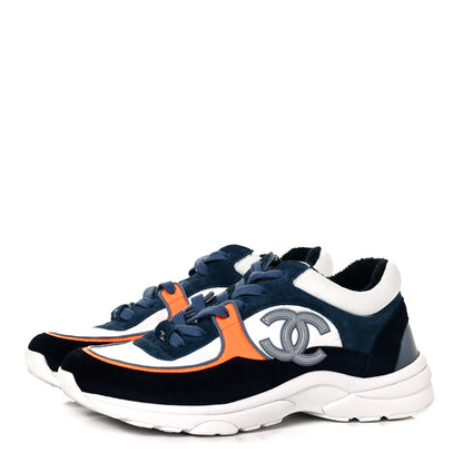 Chanel Nylon Calfskin Suede CC Womens Sneakers 38 Navy White Orange 3 of 8