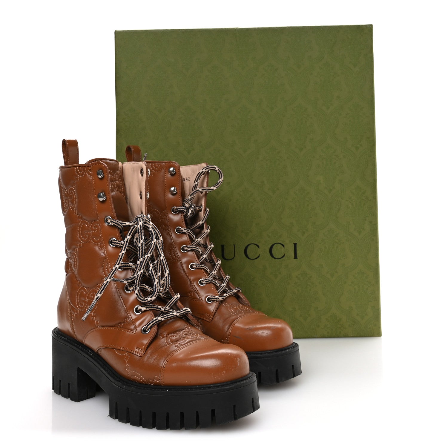 Gucci Cordovan Lux Nappa GG Matelasse Lace Up 60mm Combat Boots 36