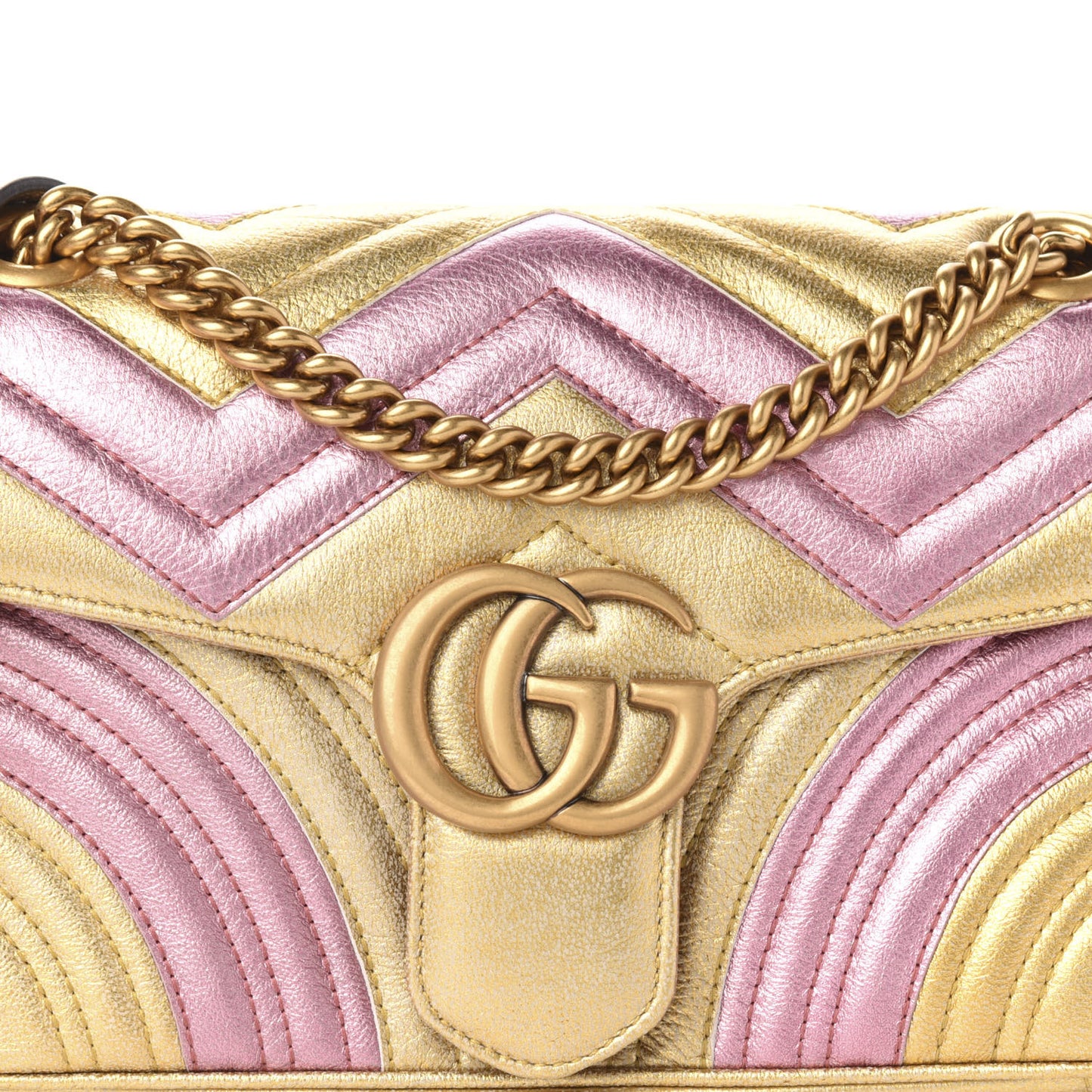 Metallic Calfskin Matelasse Small GG Marmont Shoulder Bag Gold Pink