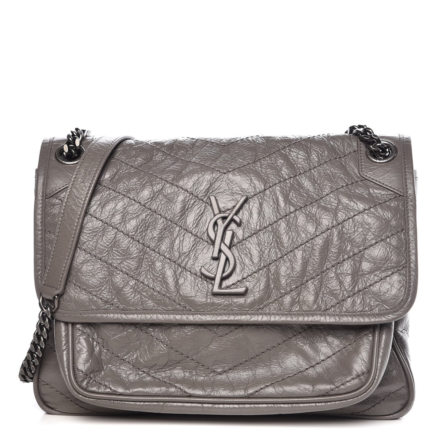 Crinkled Calfskin Matelasse Monogram Medium Niki Chain Satchel Fog