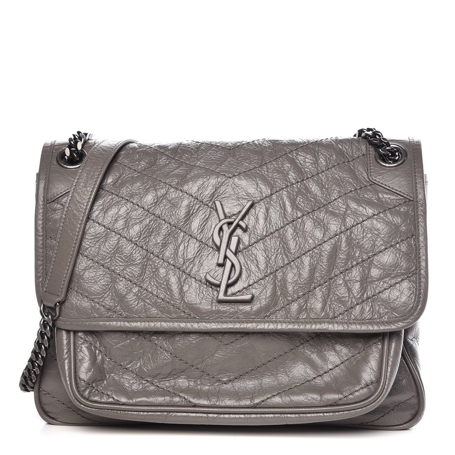 Saint Laurent Crinkled Calfskin Matelasse Monogram Medium Niki Chain Satchel Fog 1 of 13