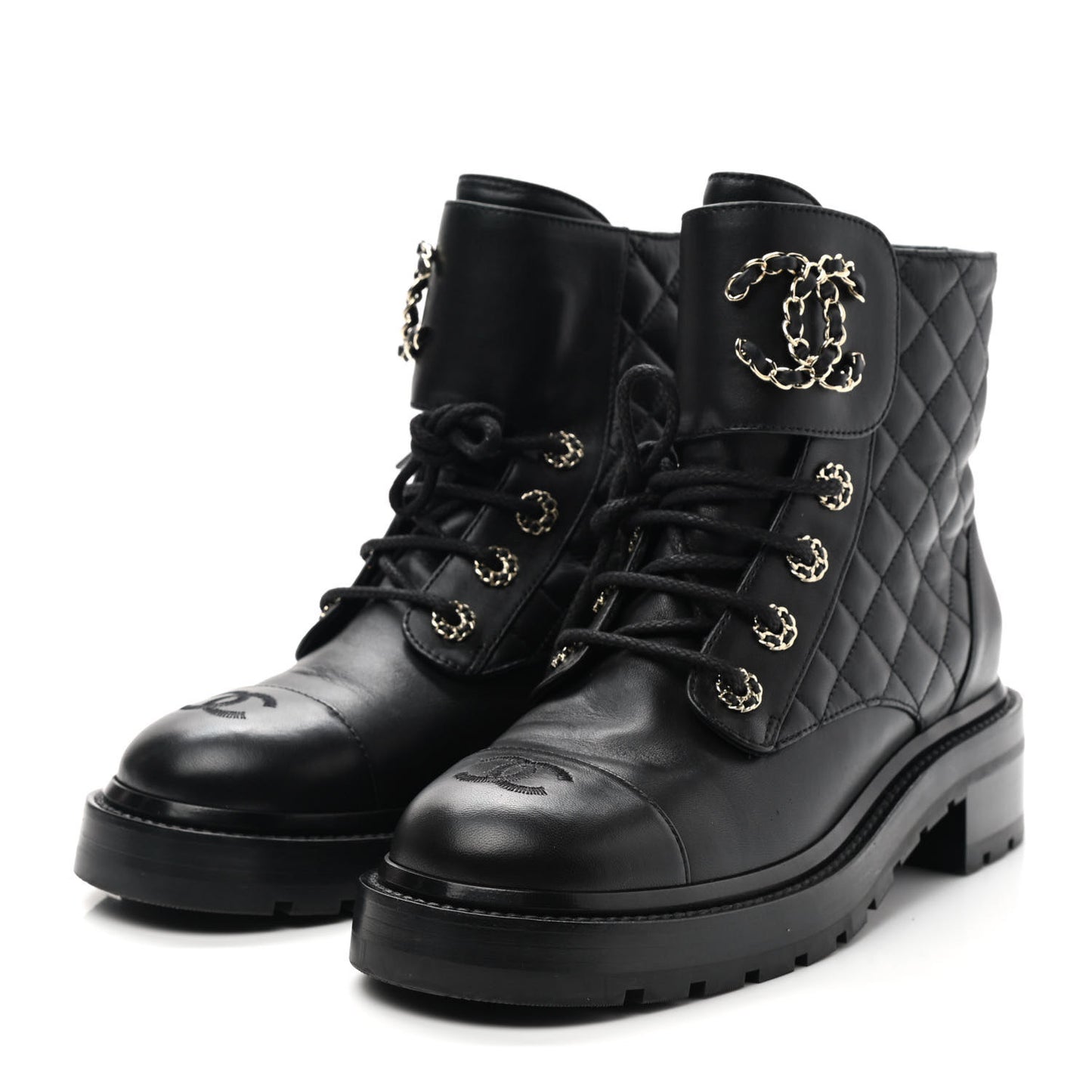 Shiny Lambskin Quilted Lace Up Combat Boots 38.5 Black