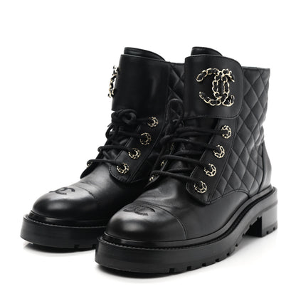 Chanel Shiny Lambskin Quilted Lace Up Combat Boots 38.5 Black 3 of 8