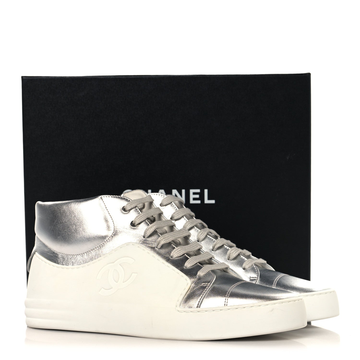 Chanel Iridescent Goatskin Womens High Top Sneakers 40.5 White Silver 10 of 10