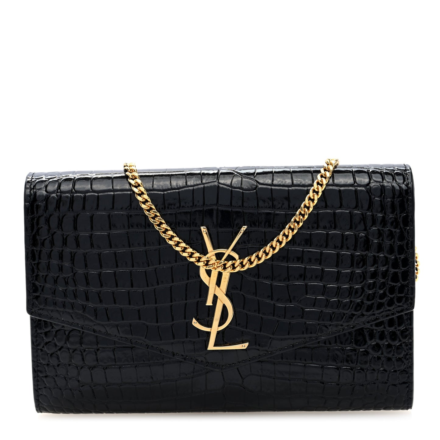 Calfskin Crocodile Embossed Monogram Uptown Chain Wallet Black