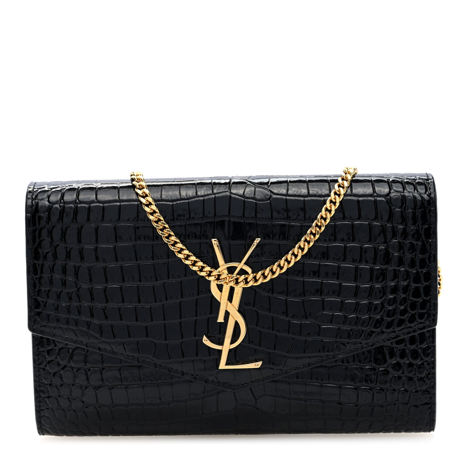 Saint Laurent Calfskin Crocodile Embossed Monogram Uptown Chain Wallet Black 1 of 10