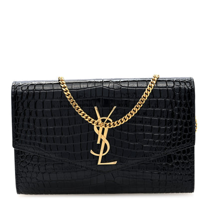 Saint Laurent Calfskin Crocodile Embossed Monogram Uptown Chain Wallet Black 1 of 10