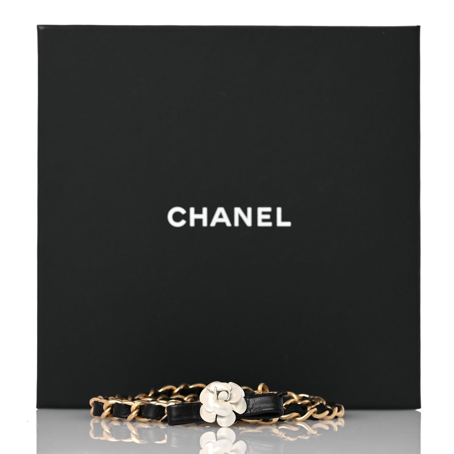 Calfskin Crystal Chain Camellia Belt 85 34 Black Gold