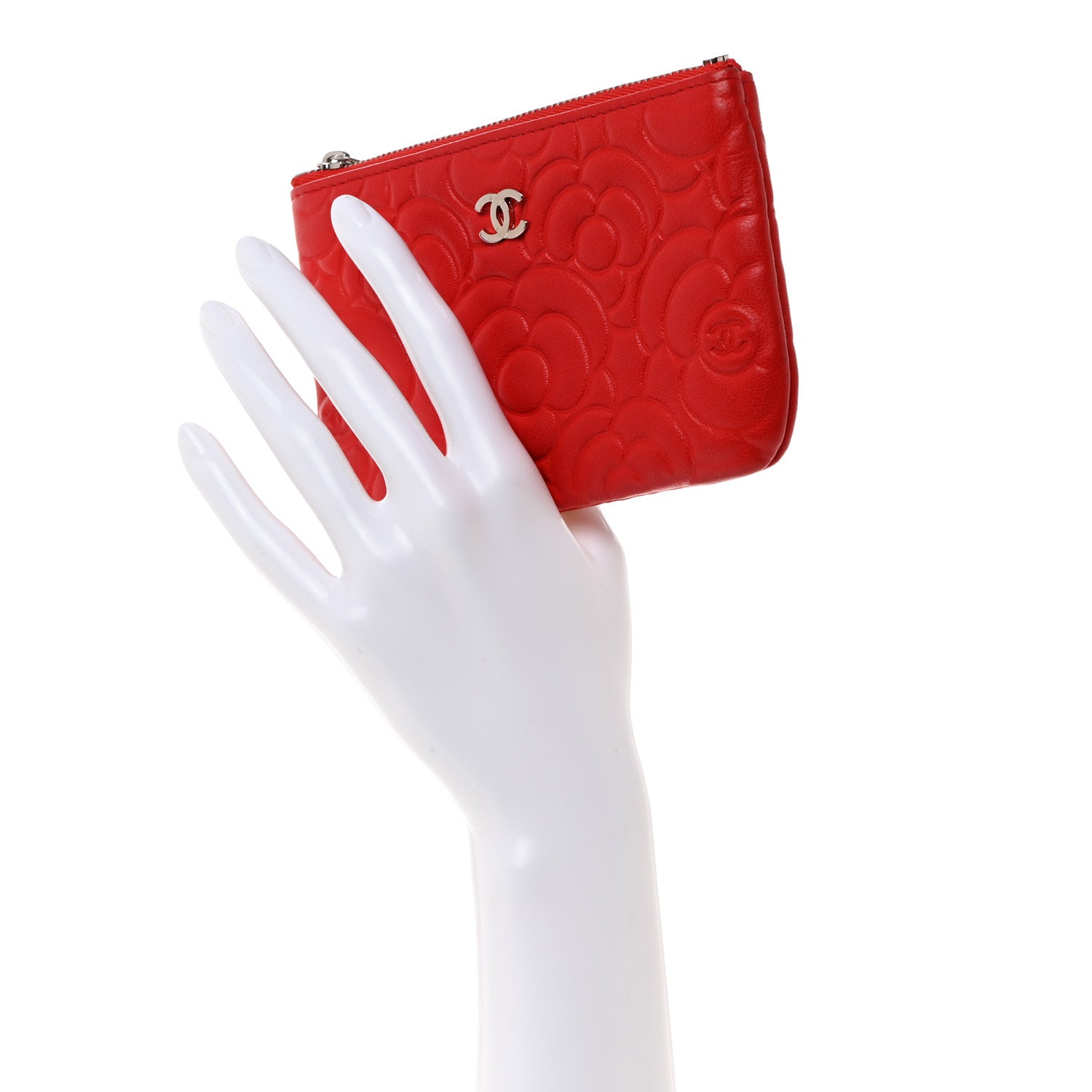 Chanel Goatskin Camellia Embossed Cosmetic Pouch Red 2 of 9