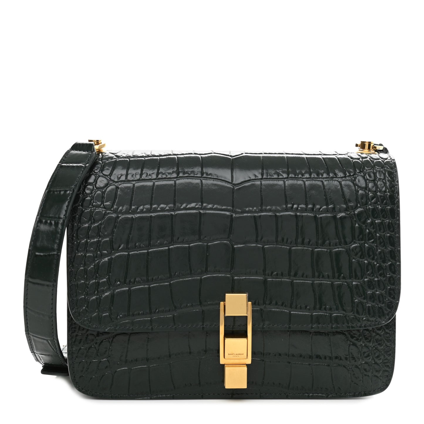 Calfskin Crocodile Embossed Carre Satchel Dark Mint
