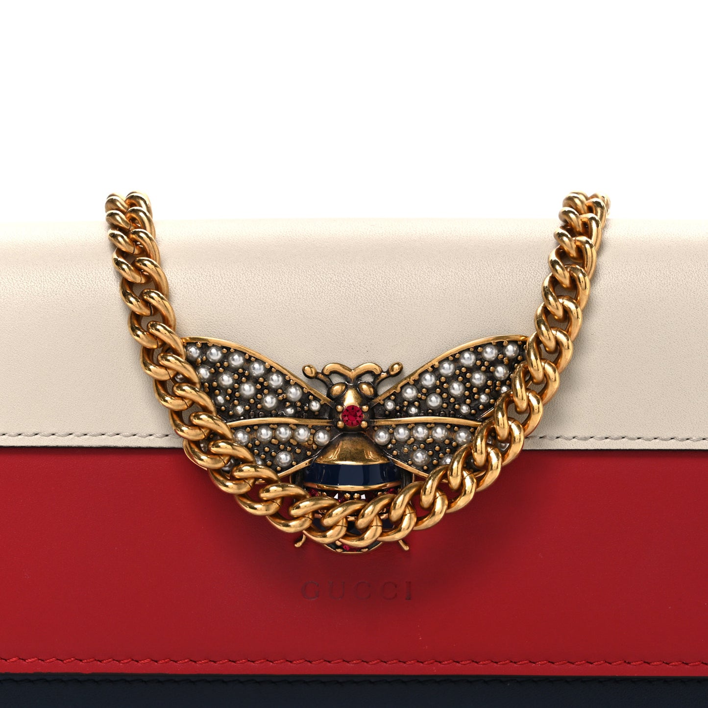 Calfskin Queen Margaret Chain Wallet Blue Agata Hibiscus Red Mystic White