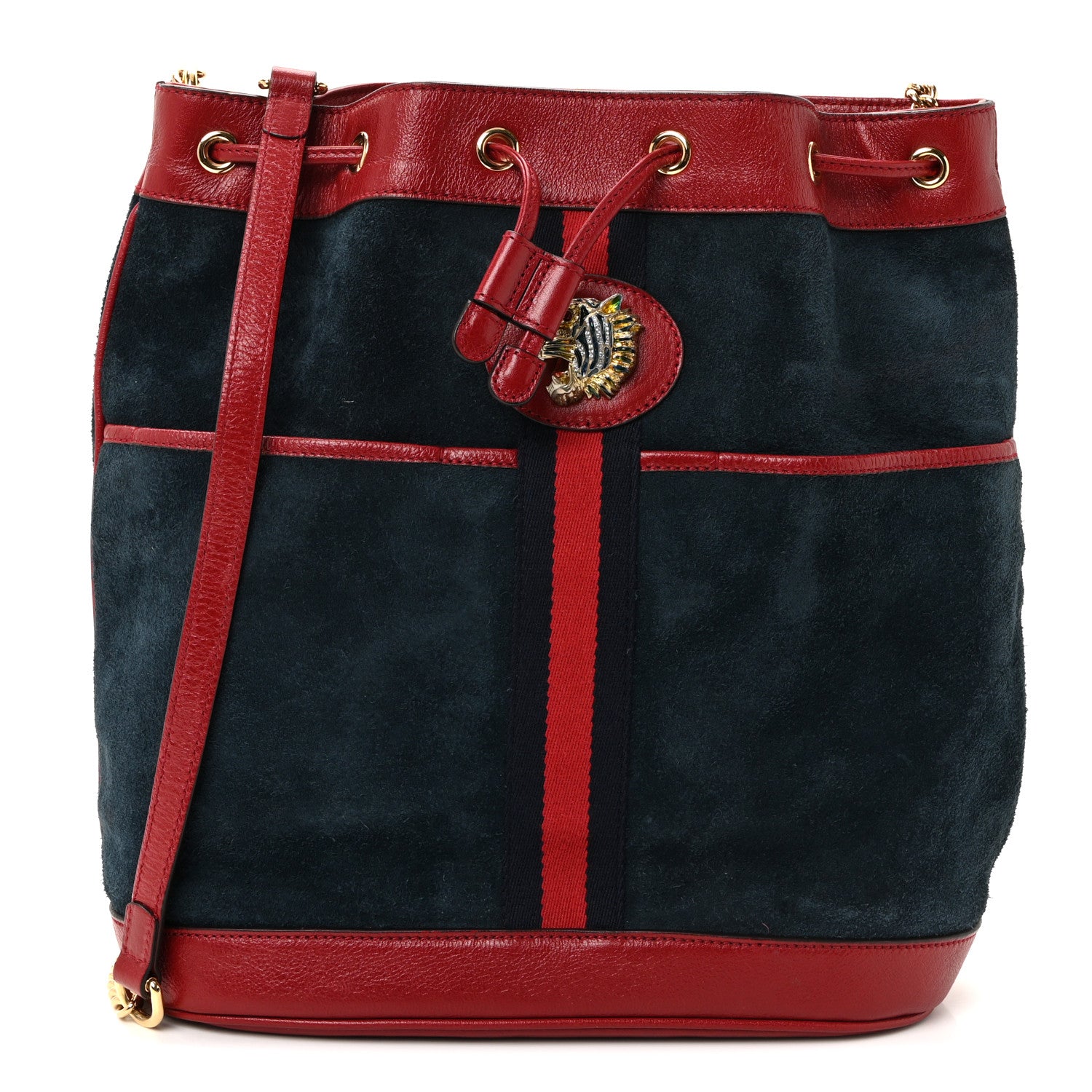 Gucci Suede Calfskin Web Medium Rajah Bucket Bag New Blue Romantic Cherry 1 of 10