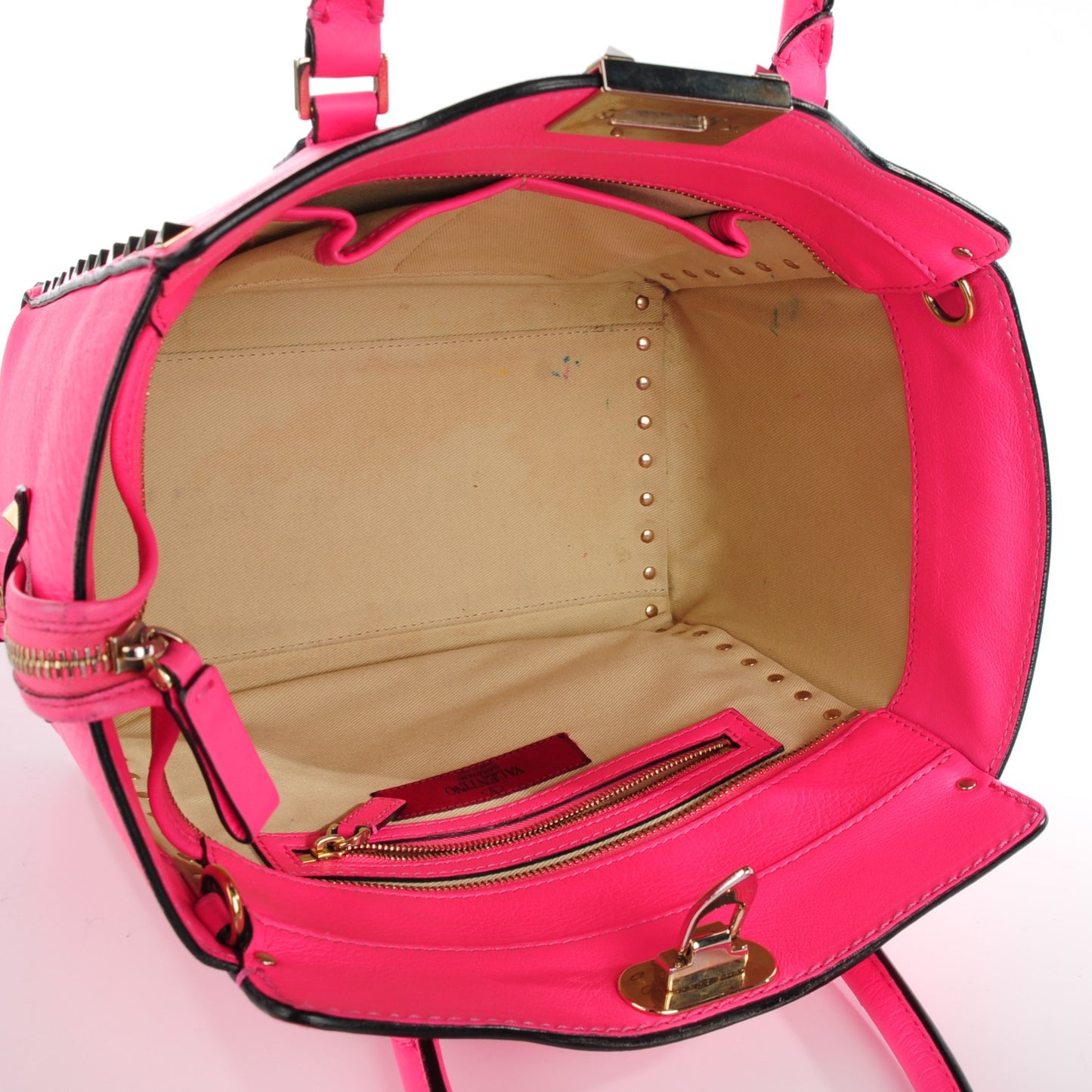 Vitello Small Rockstud Double Handle Tote Fuxia Fluo