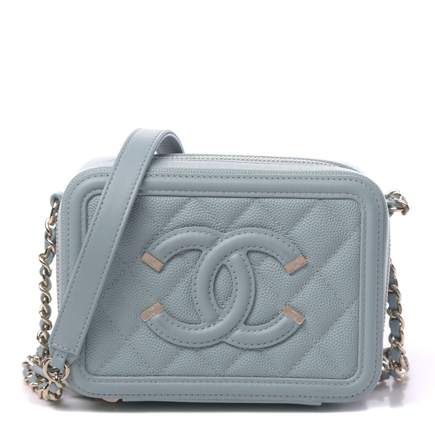 Caviar Quilted Filigree Vanity Clutch With Chain Light Blue