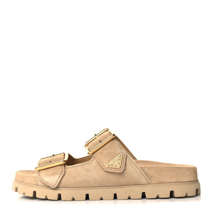 Prada Suede Buckle Slide Sandals 39.5 Ecru 1 of 8