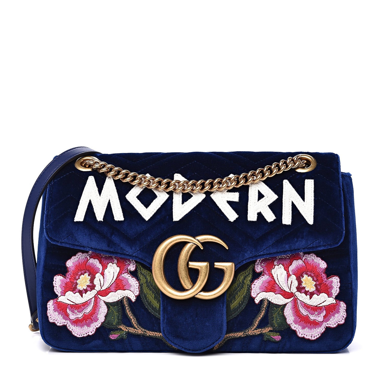 Velvet Matelasse Modern Embroidered Medium GG Marmont Shoulder Bag Cobalt