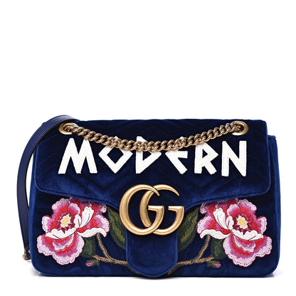 Gucci Velvet Matelasse Modern Embroidered Medium GG Marmont Shoulder Bag Cobalt 1 of 14