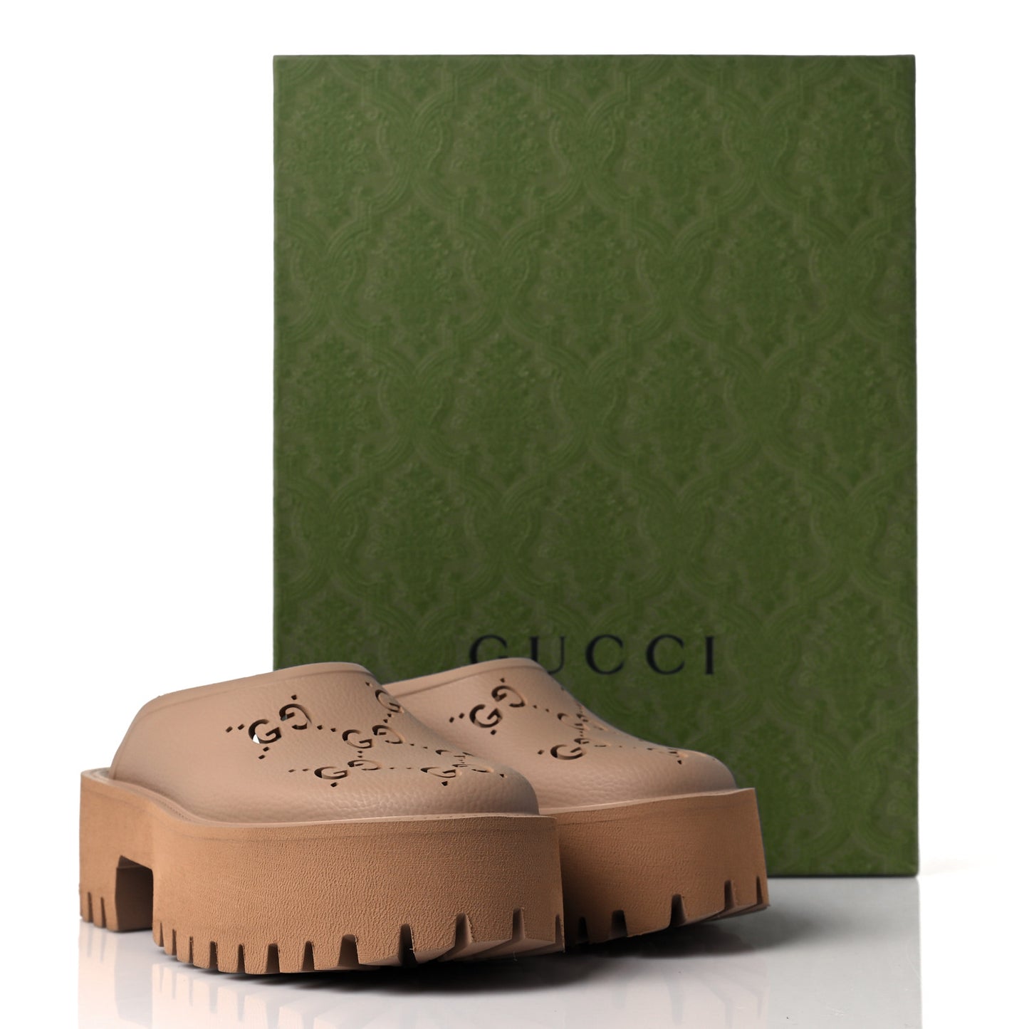 Rubber GG Monogram Perforated Elea Platform 55mm Lug Sole Sandals 36 Vintage Camel
