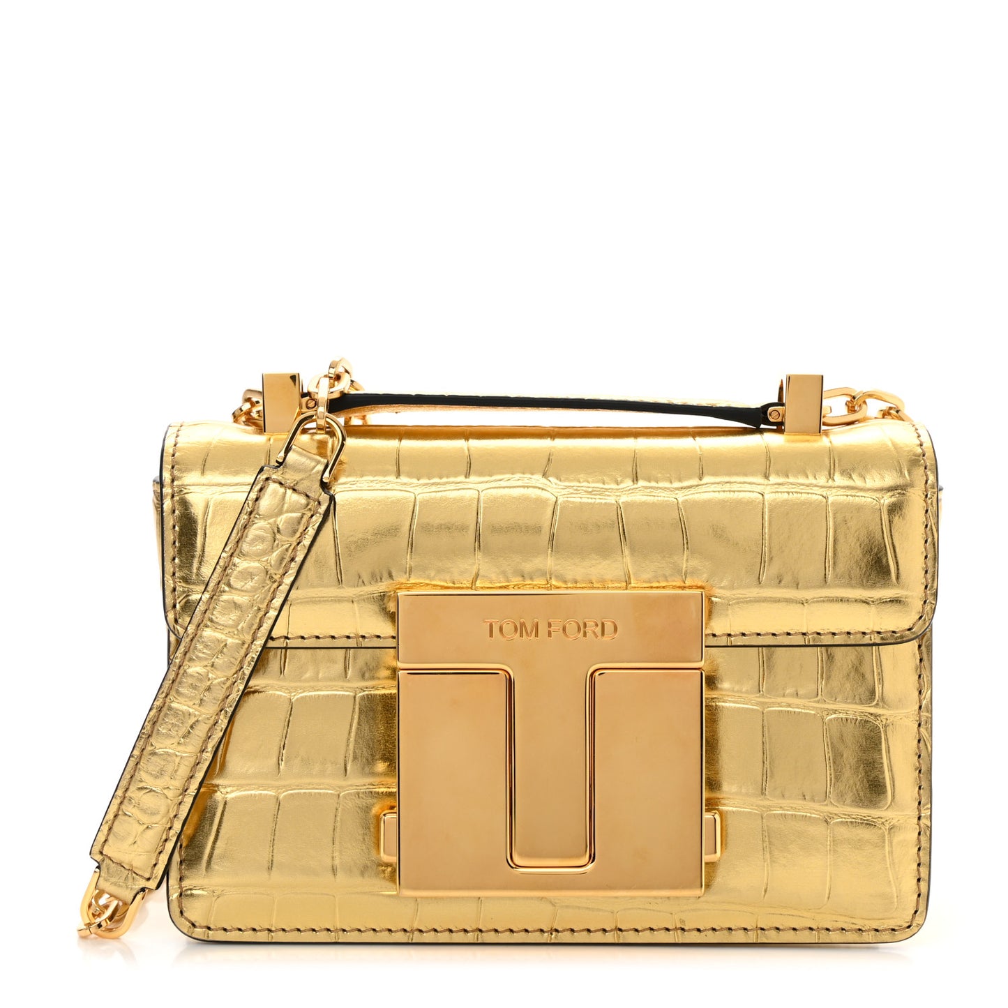 Metallic Calfskin Crocodile Embossed Mini T Clasp Shoulder Bag Gold