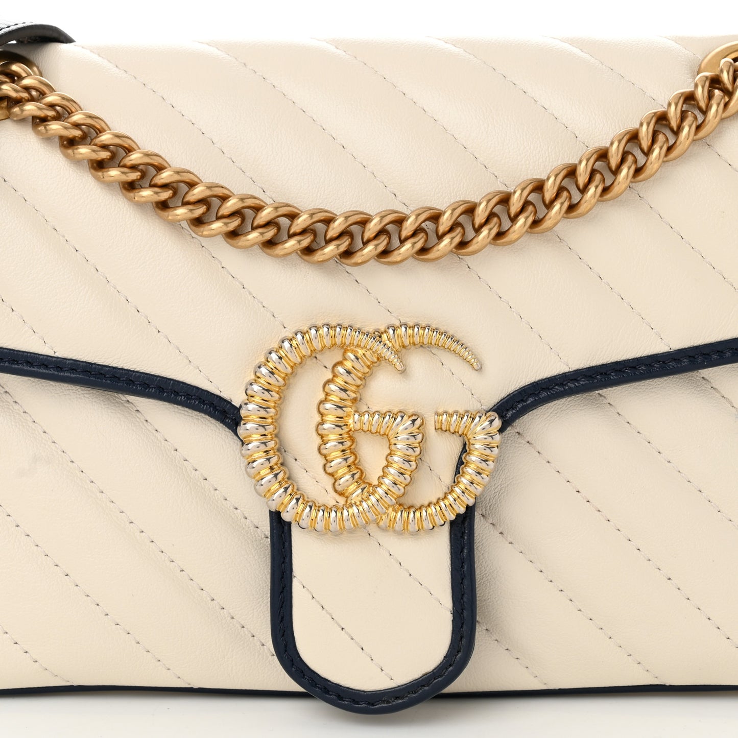 Vintage Effect Calfskin Matelasse Diagonal Small Torchon GG Marmont Shoulder Bag Mystic White Blue Agata
