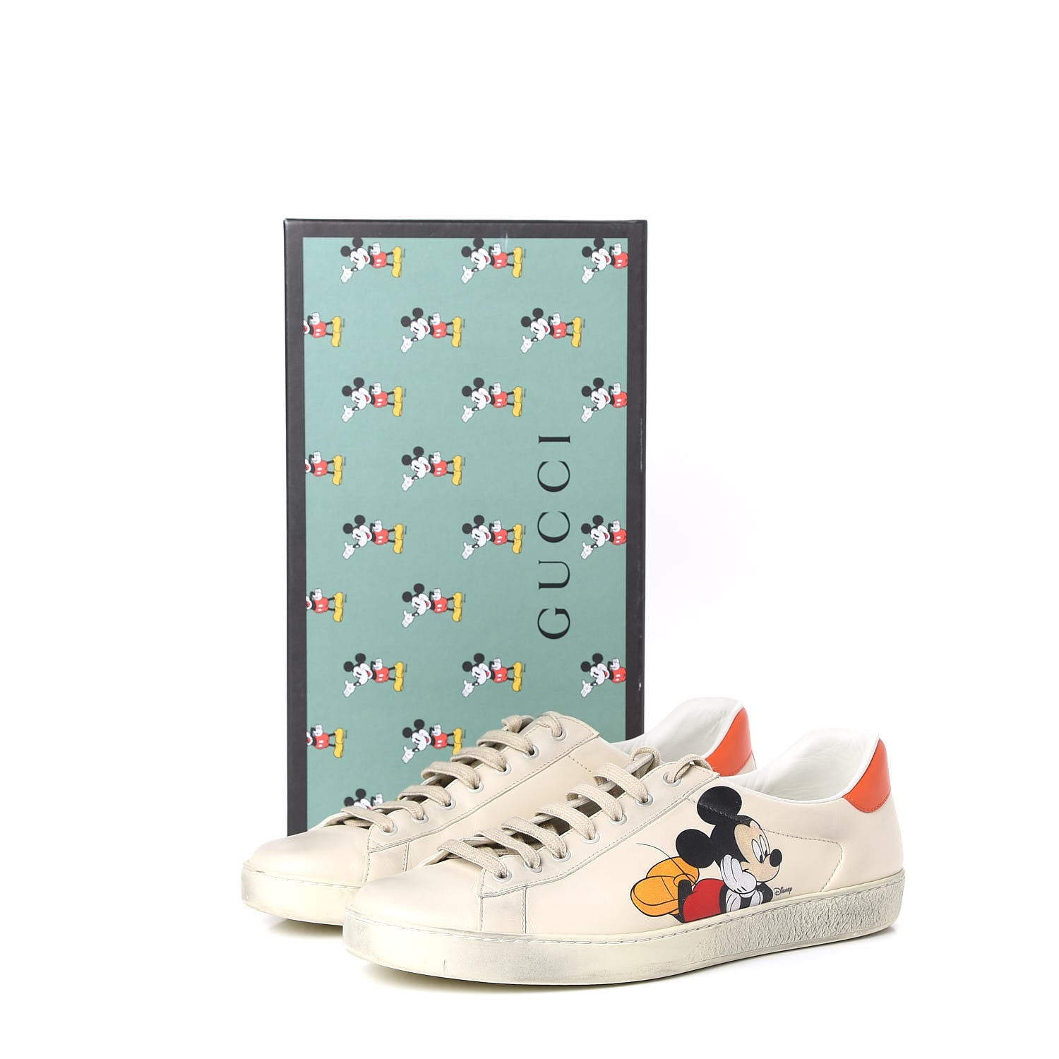 Gucci X DISNEY Miro Soft Calfskin Mickey Mouse Print Mens Ace Sneakers 11 Ivory Deep Orange 13 of 14