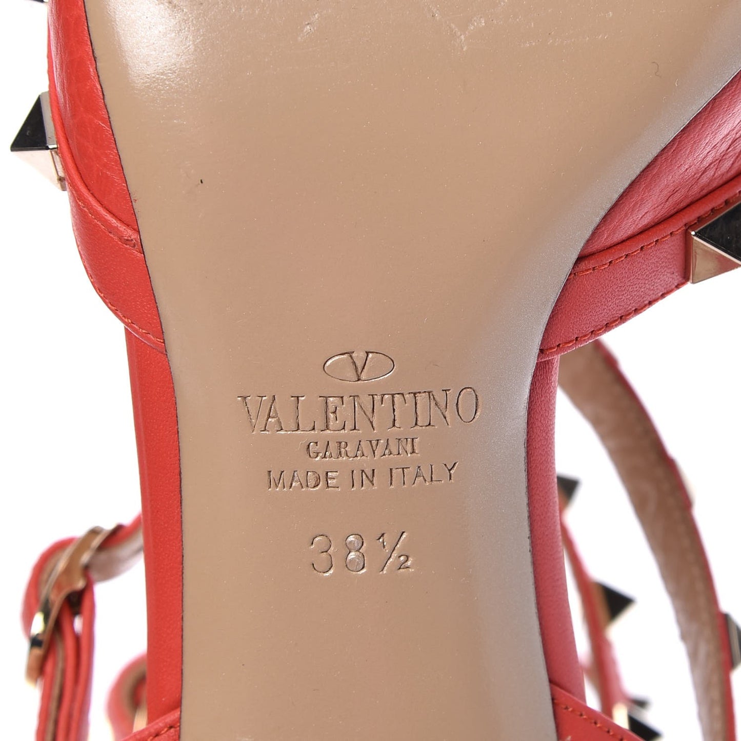 Pebbled Calfskin Rockstud Ankle Strap 65mm Pumps 38.5 Deep Coral