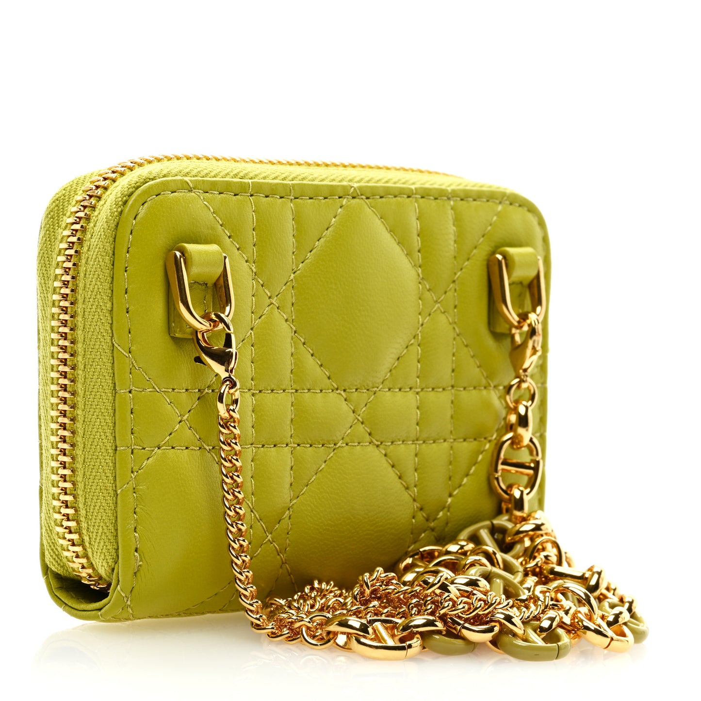 Lambskin Cannage Mini Caro Zipped Pouch on Chain Lime