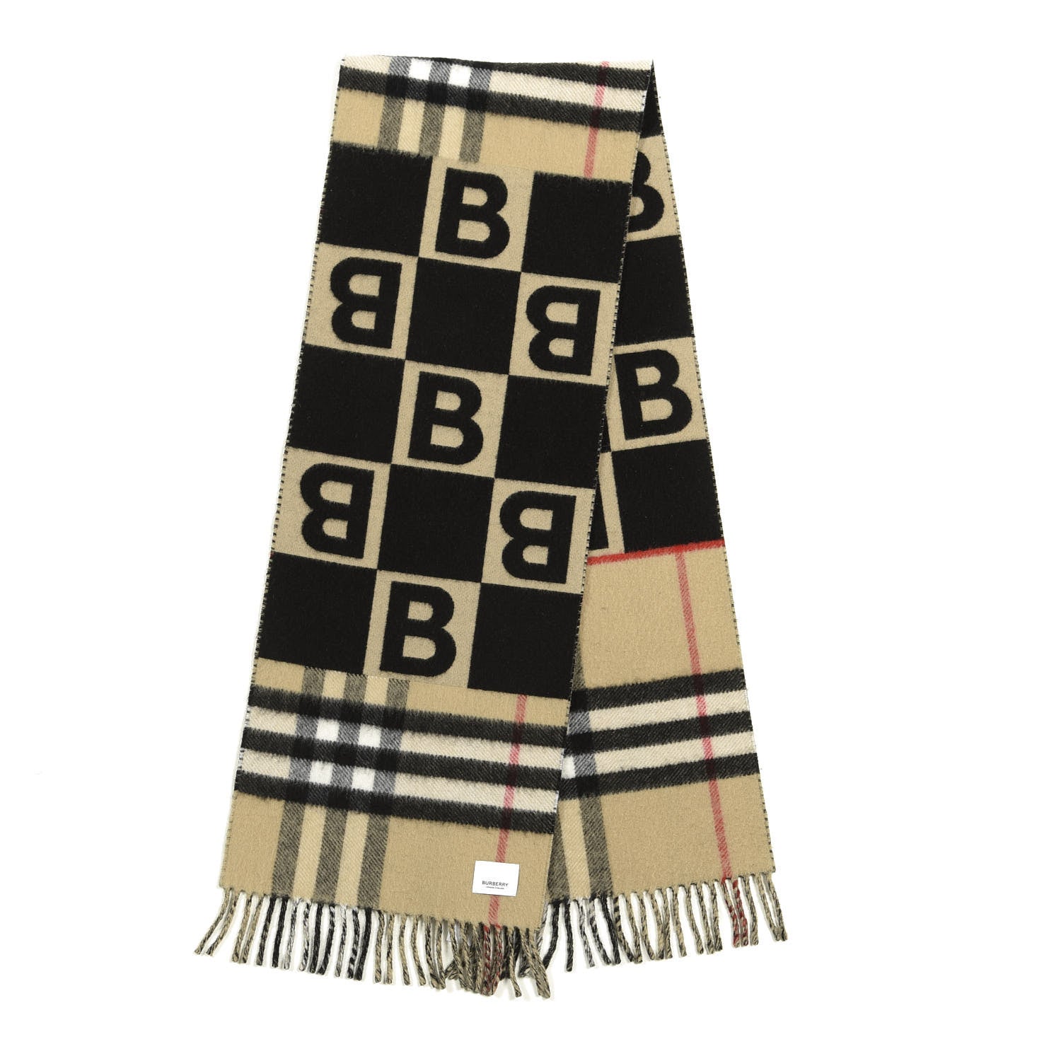 Burberry Wool Cashmere Check B Motif Fringe Scarf Black 2 of 4