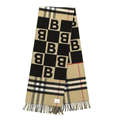 Burberry Wool Cashmere Check B Motif Fringe Scarf Black 2 of 4