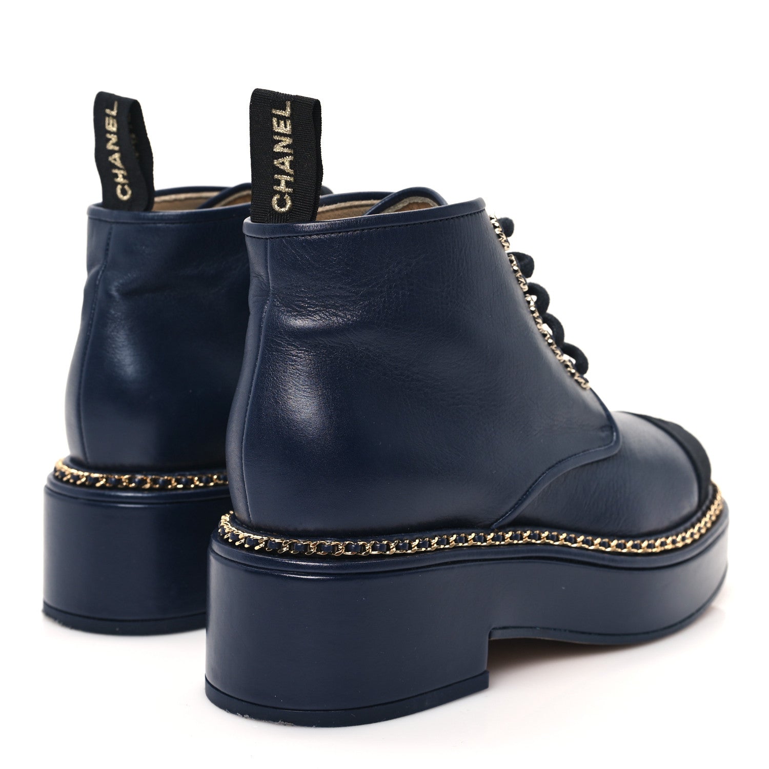 Chanel Calfskin Grosgrain Chain Lace Up CC Short Boots 36 Navy Black 5 of 9