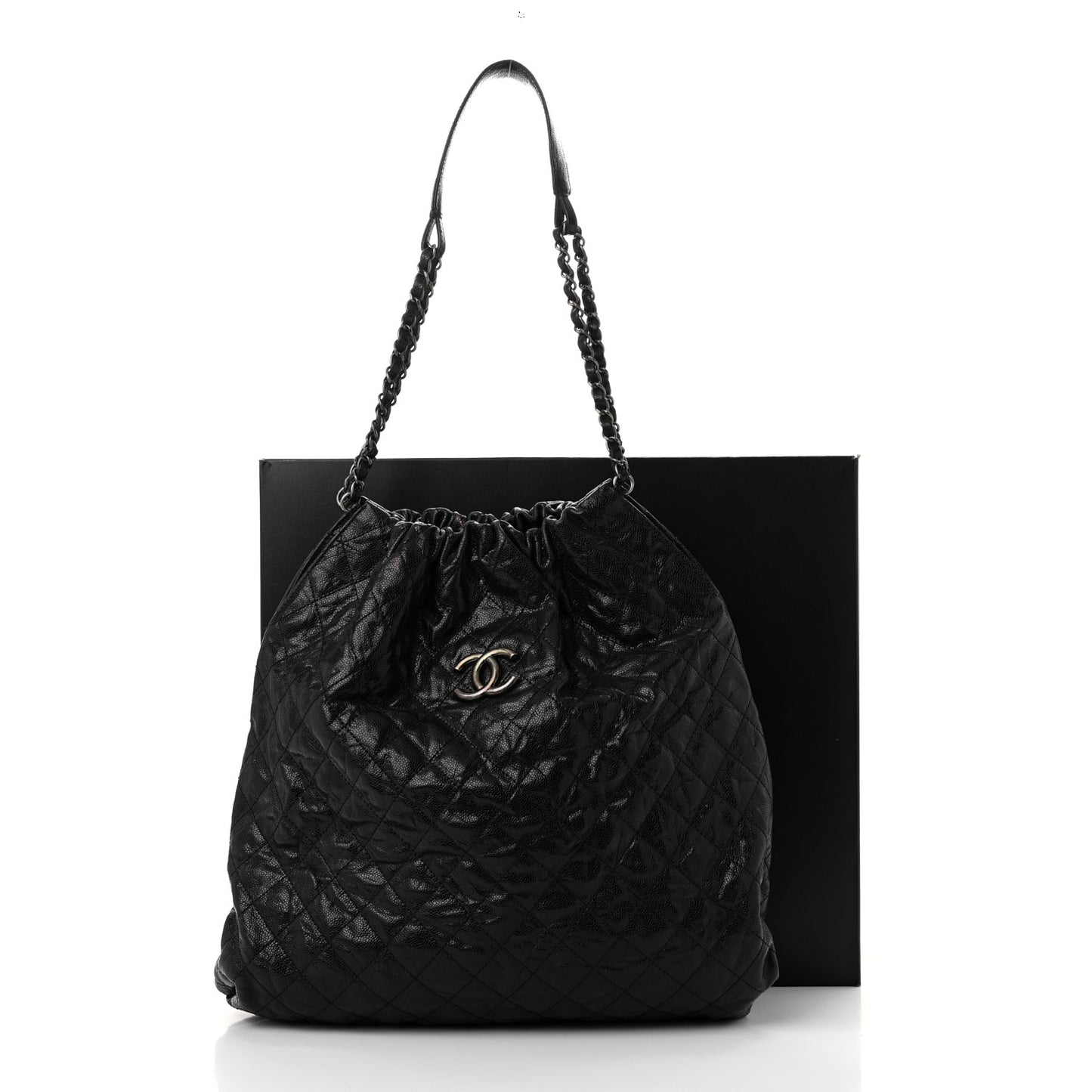 Distressed Glazed Caviar Quilted Large Elastic Tote Black