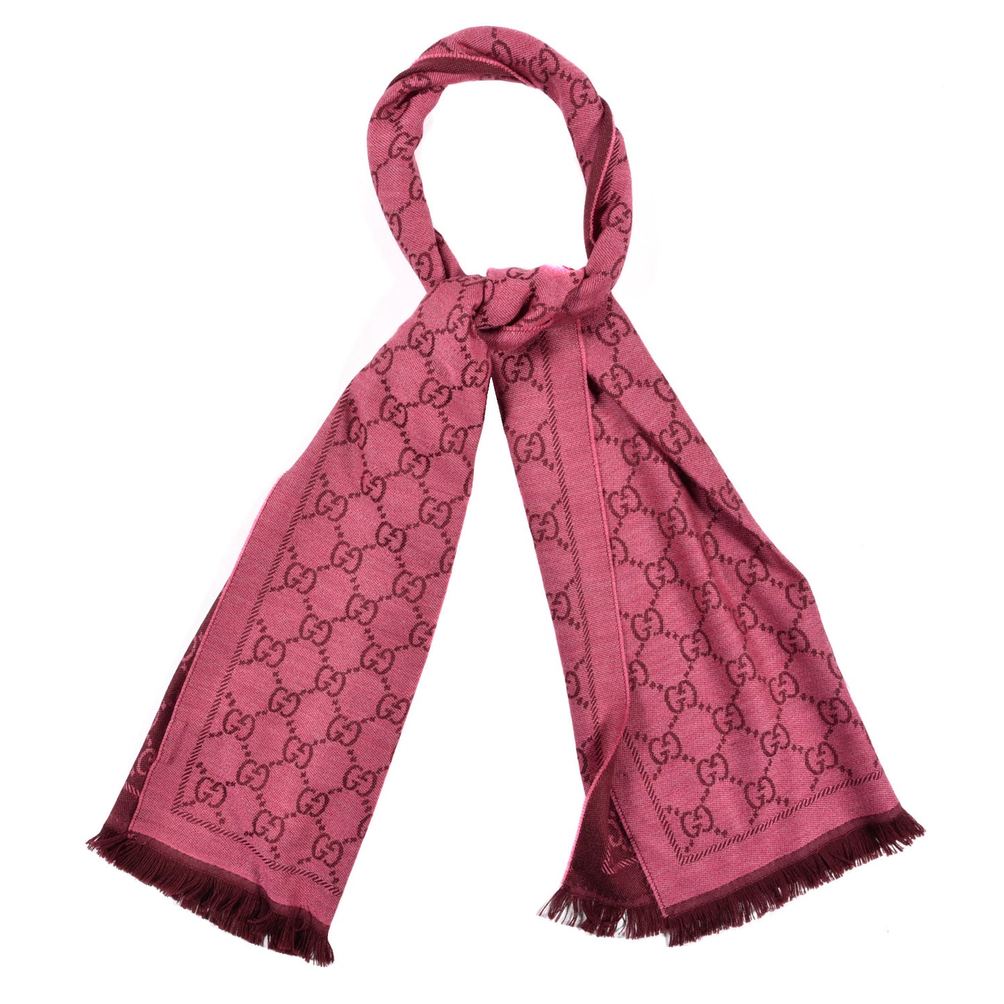 Wool Jacquard Monogram Reversible Stencil Fringe Scarf Pink Red