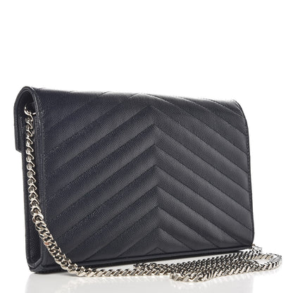 Saint Laurent Grain De Poudre Matelasse Chevron Monogram Chain Wallet Navy 3 of 7