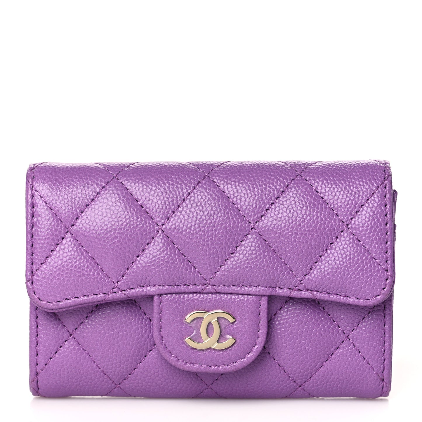 Caviar Quilted Flap Card Holder Wallet Purple