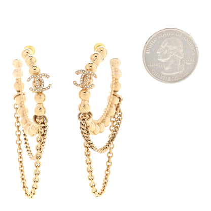 Chanel Metal Crystal Bead Chain CC Hoop Earrings Gold 2 of 4