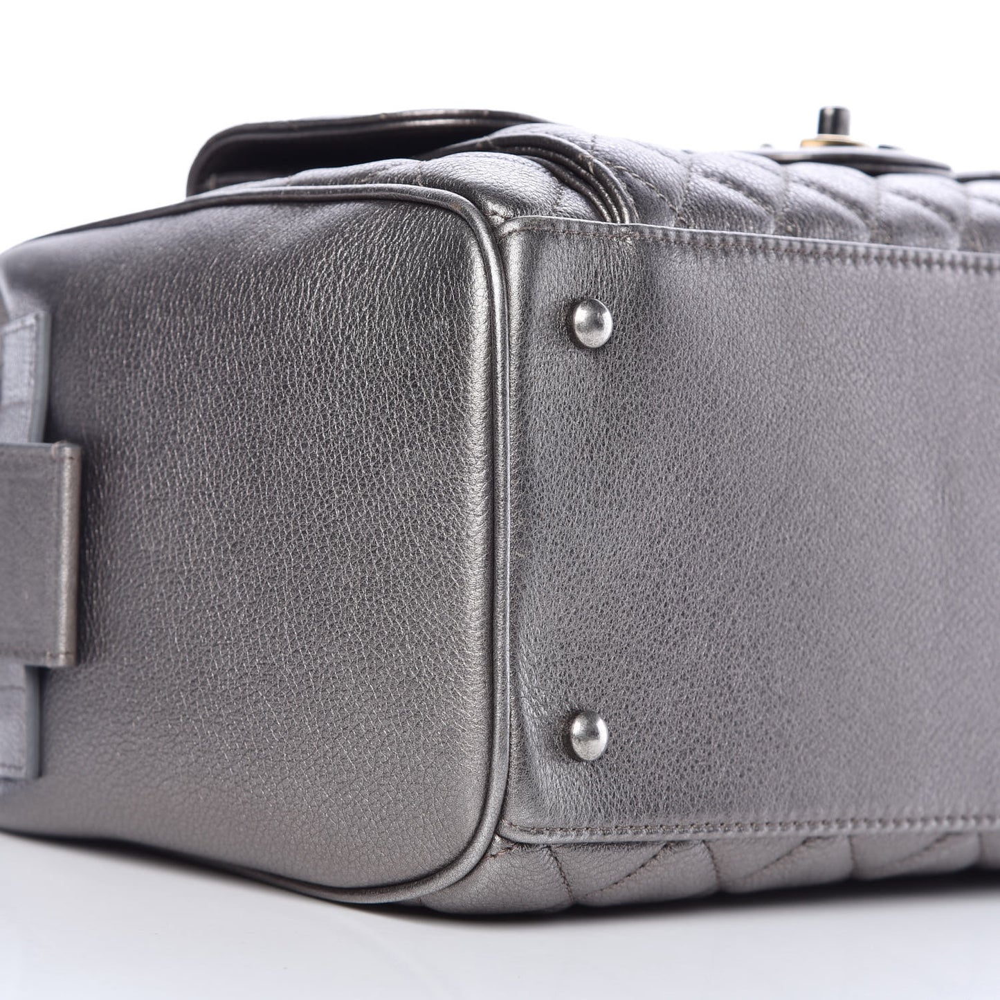 Metallic Grained Calfskin Quilted Large Casual Pocket Bowling Bag Silver
