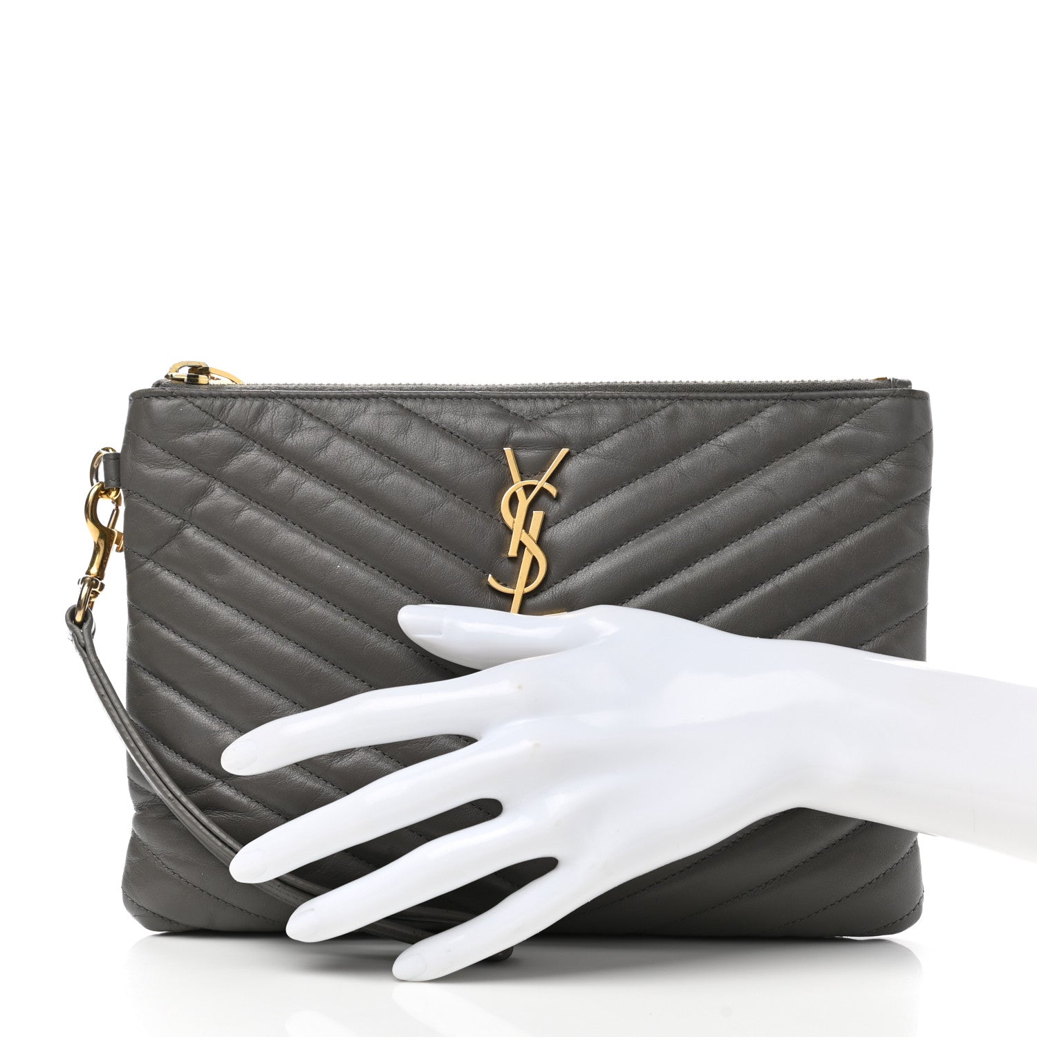 Saint Laurent Calfskin Matelasse Chevron Monogram A5 Wristlet Dark Smog 2 of 10