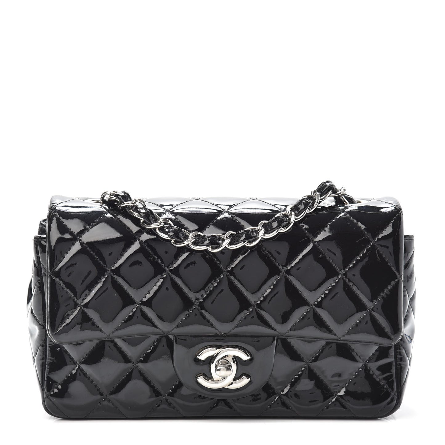Patent Calfskin Quilted Mini Rectangular Flap Black