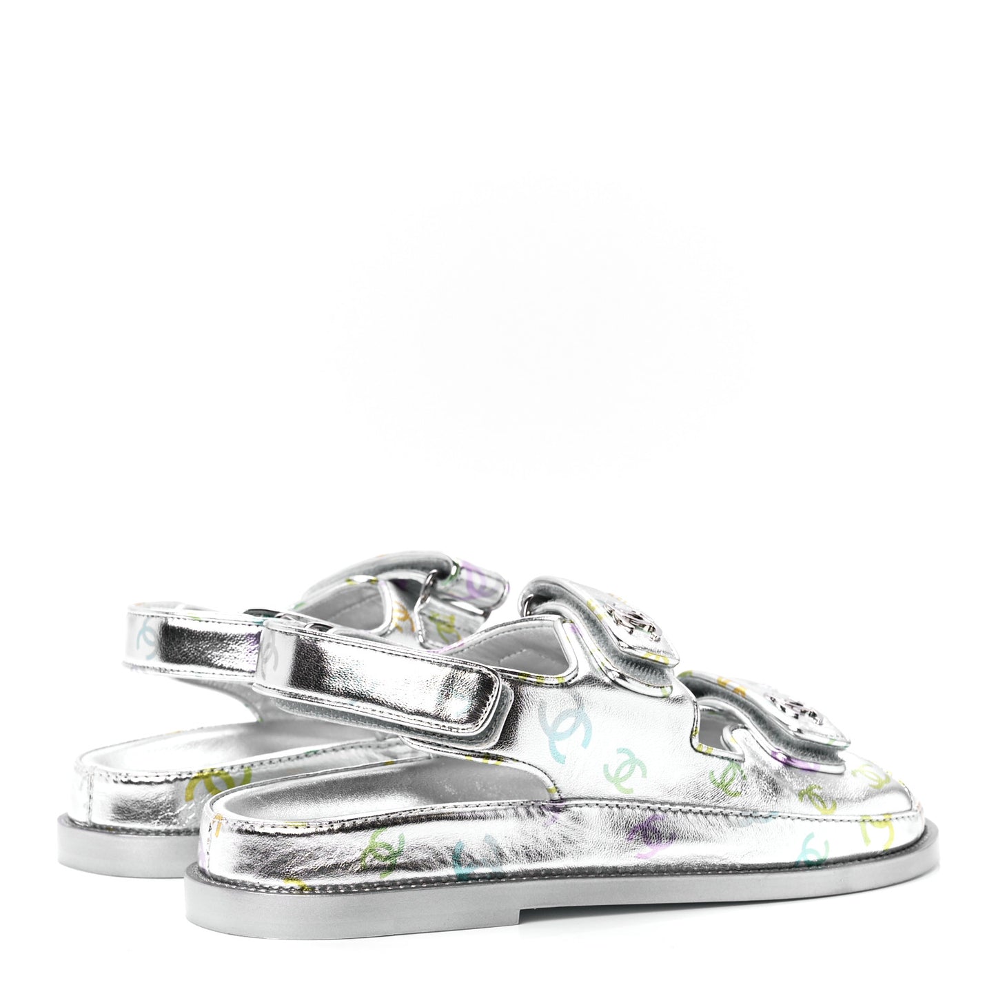 Laminated Lambskin Printed CC Dad Sandals 38 Silver Multicolor