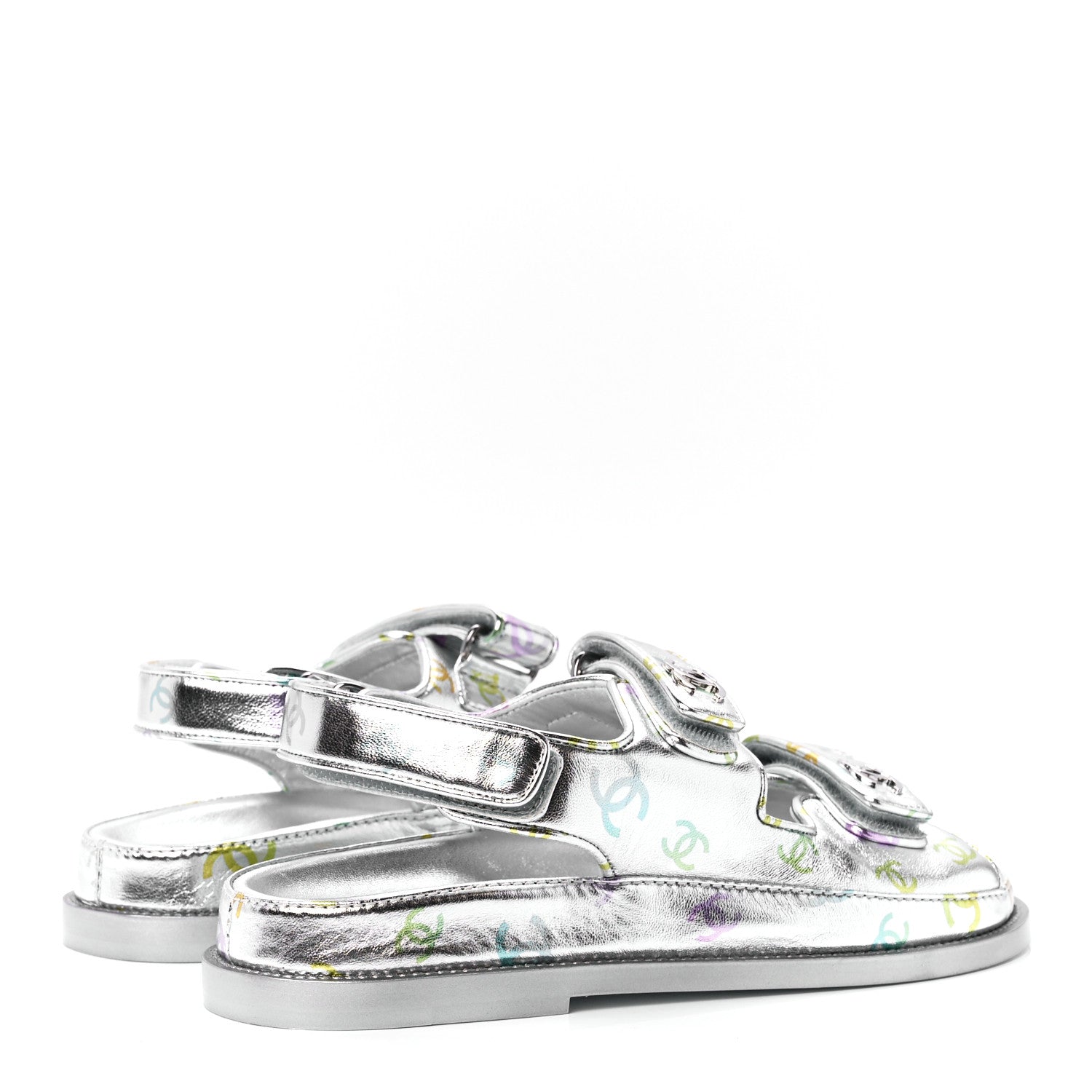 Chanel Laminated Lambskin Printed CC Dad Sandals 38 Silver Multicolor 4 of 8